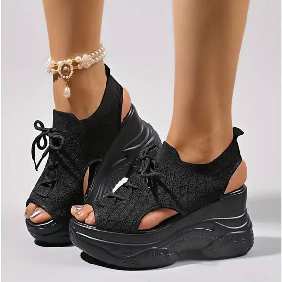 Gorgeous Shoes - NWT Comfy 7.5 / 8 Black Elastic Open Toe High Platform Wedge Slingback Sandals
